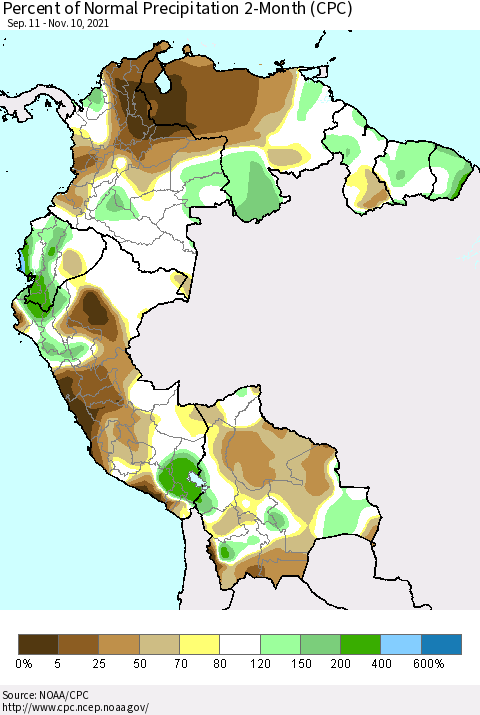 Northern South America Percent of Normal Precipitation 2-Month (CPC) Thematic Map For 9/11/2021 - 11/10/2021