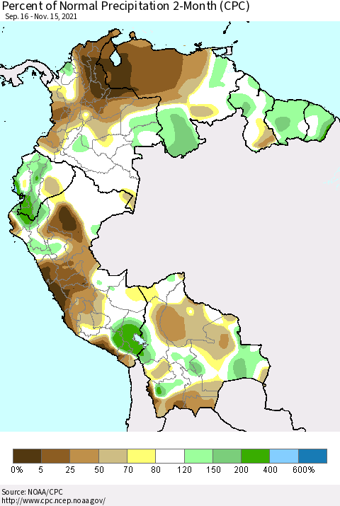 Northern South America Percent of Normal Precipitation 2-Month (CPC) Thematic Map For 9/16/2021 - 11/15/2021