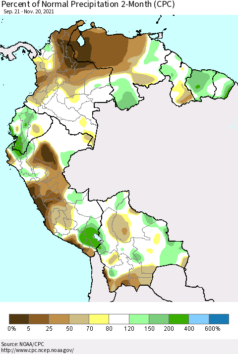 Northern South America Percent of Normal Precipitation 2-Month (CPC) Thematic Map For 9/21/2021 - 11/20/2021