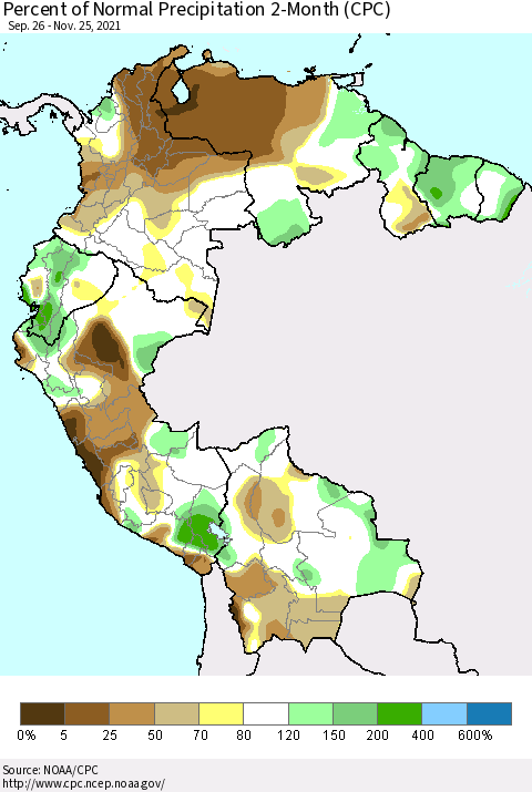 Northern South America Percent of Normal Precipitation 2-Month (CPC) Thematic Map For 9/26/2021 - 11/25/2021