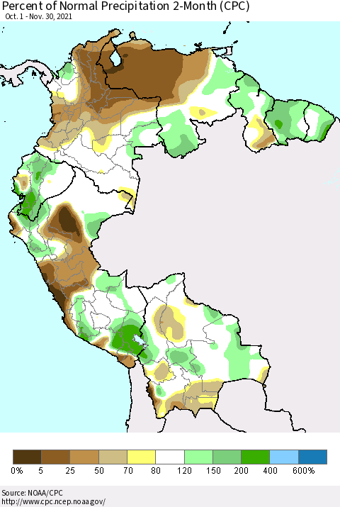 Northern South America Percent of Normal Precipitation 2-Month (CPC) Thematic Map For 10/1/2021 - 11/30/2021