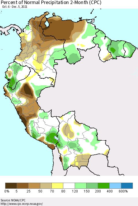 Northern South America Percent of Normal Precipitation 2-Month (CPC) Thematic Map For 10/6/2021 - 12/5/2021