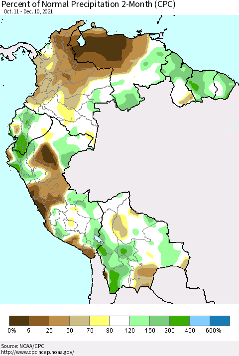Northern South America Percent of Normal Precipitation 2-Month (CPC) Thematic Map For 10/11/2021 - 12/10/2021