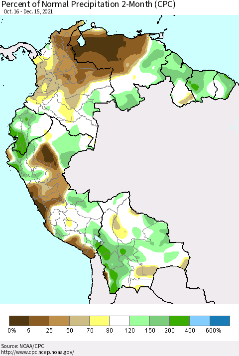 Northern South America Percent of Normal Precipitation 2-Month (CPC) Thematic Map For 10/16/2021 - 12/15/2021