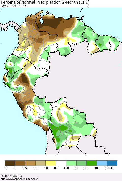 Northern South America Percent of Normal Precipitation 2-Month (CPC) Thematic Map For 10/21/2021 - 12/20/2021