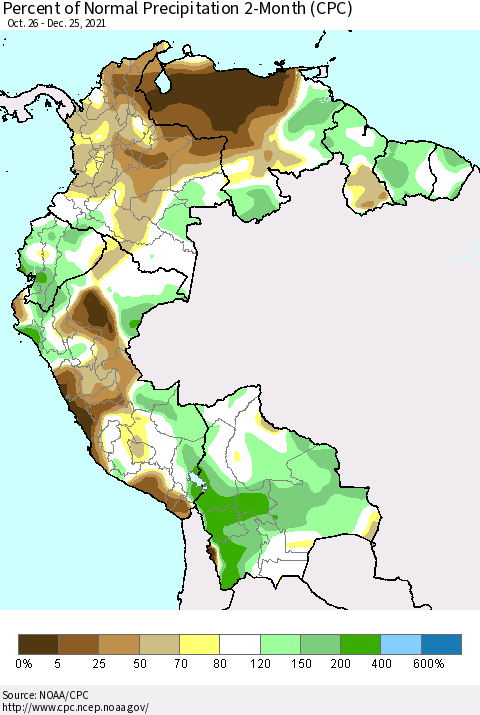 Northern South America Percent of Normal Precipitation 2-Month (CPC) Thematic Map For 10/26/2021 - 12/25/2021