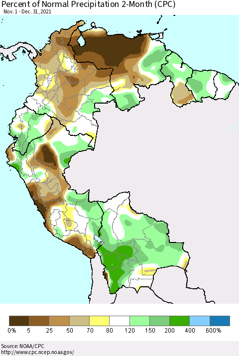 Northern South America Percent of Normal Precipitation 2-Month (CPC) Thematic Map For 11/1/2021 - 12/31/2021