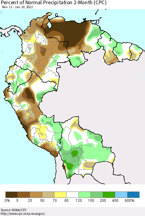 Northern South America Percent of Normal Precipitation 2-Month (CPC) Thematic Map For 11/11/2021 - 1/10/2022