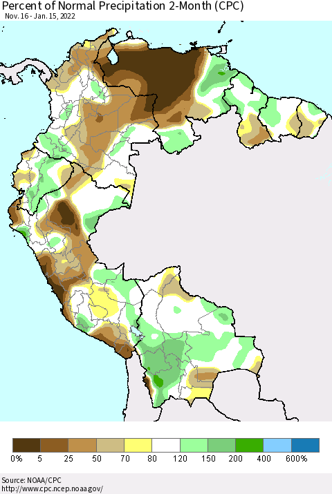 Northern South America Percent of Normal Precipitation 2-Month (CPC) Thematic Map For 11/16/2021 - 1/15/2022