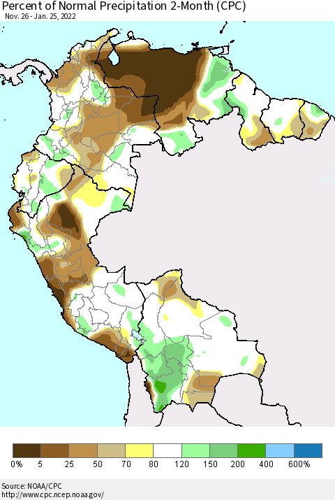 Northern South America Percent of Normal Precipitation 2-Month (CPC) Thematic Map For 11/26/2021 - 1/25/2022