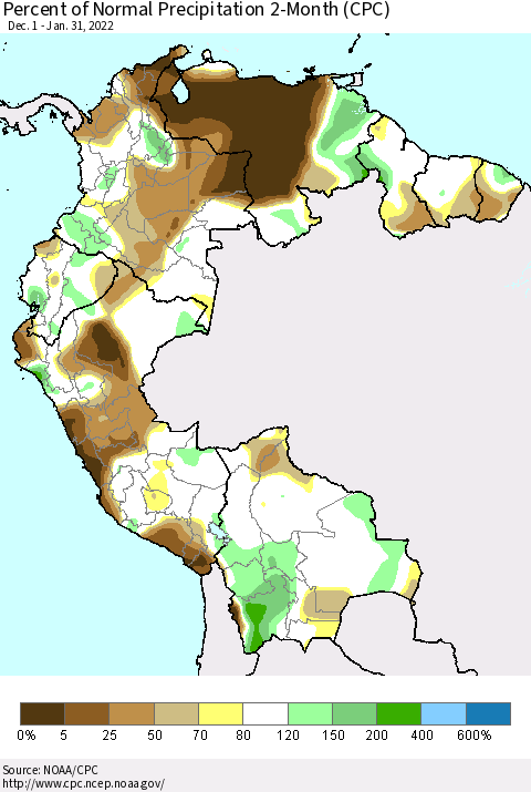 Northern South America Percent of Normal Precipitation 2-Month (CPC) Thematic Map For 12/1/2021 - 1/31/2022