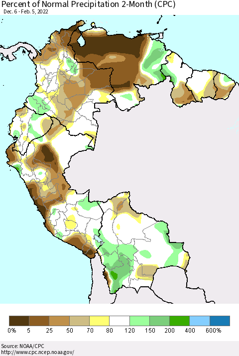Northern South America Percent of Normal Precipitation 2-Month (CPC) Thematic Map For 12/6/2021 - 2/5/2022