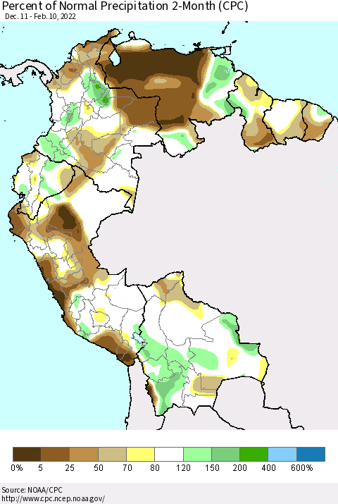 Northern South America Percent of Normal Precipitation 2-Month (CPC) Thematic Map For 12/11/2021 - 2/10/2022