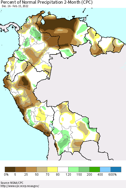Northern South America Percent of Normal Precipitation 2-Month (CPC) Thematic Map For 12/16/2021 - 2/15/2022