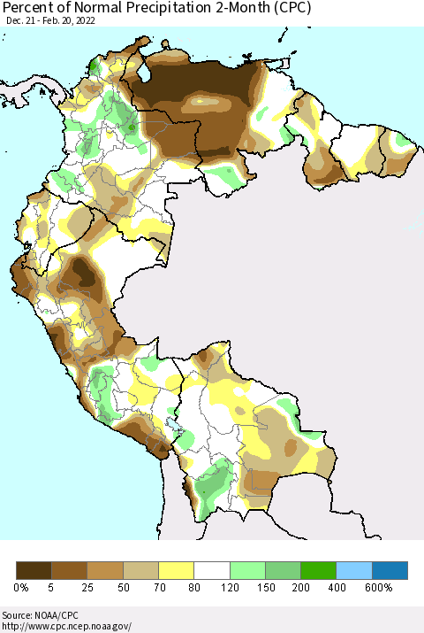 Northern South America Percent of Normal Precipitation 2-Month (CPC) Thematic Map For 12/21/2021 - 2/20/2022