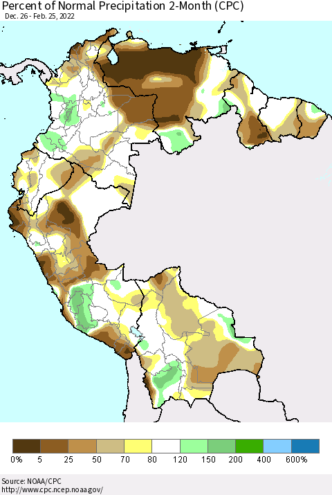 Northern South America Percent of Normal Precipitation 2-Month (CPC) Thematic Map For 12/26/2021 - 2/25/2022
