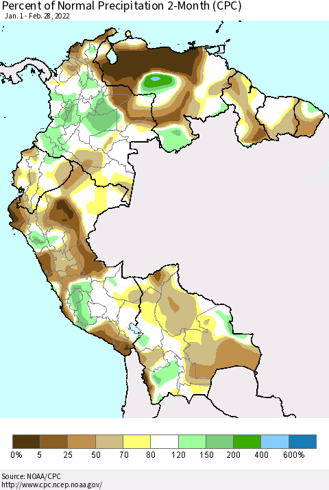Northern South America Percent of Normal Precipitation 2-Month (CPC) Thematic Map For 1/1/2022 - 2/28/2022