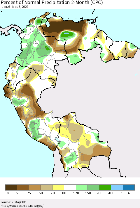 Northern South America Percent of Normal Precipitation 2-Month (CPC) Thematic Map For 1/6/2022 - 3/5/2022