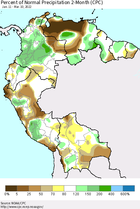 Northern South America Percent of Normal Precipitation 2-Month (CPC) Thematic Map For 1/11/2022 - 3/10/2022