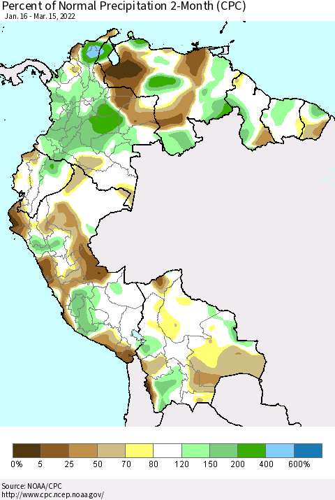 Northern South America Percent of Normal Precipitation 2-Month (CPC) Thematic Map For 1/16/2022 - 3/15/2022