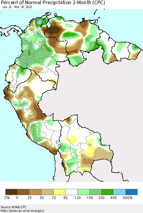 Northern South America Percent of Normal Precipitation 2-Month (CPC) Thematic Map For 1/21/2022 - 3/20/2022