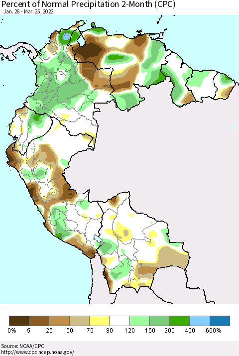 Northern South America Percent of Normal Precipitation 2-Month (CPC) Thematic Map For 1/26/2022 - 3/25/2022