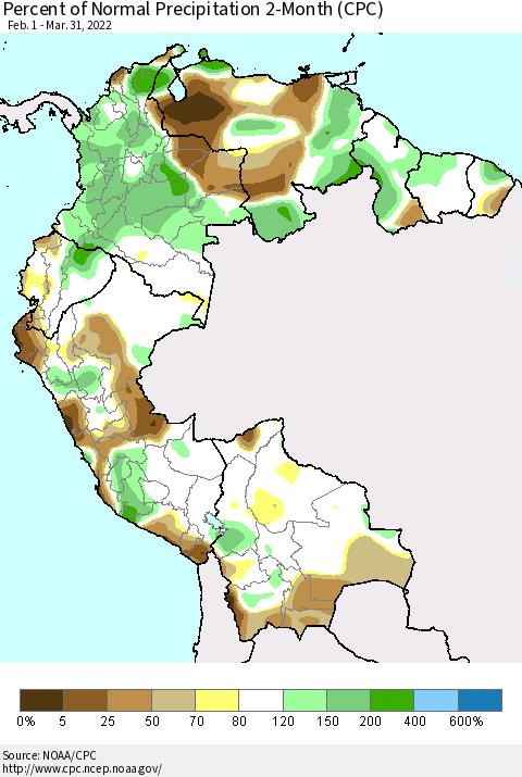 Northern South America Percent of Normal Precipitation 2-Month (CPC) Thematic Map For 2/1/2022 - 3/31/2022