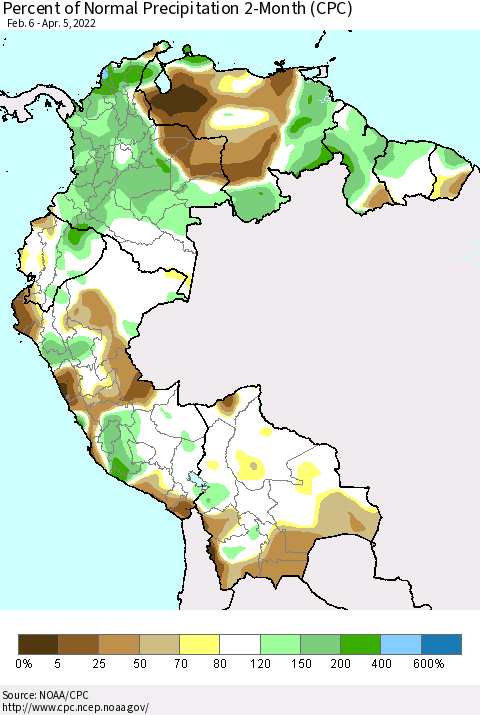 Northern South America Percent of Normal Precipitation 2-Month (CPC) Thematic Map For 2/6/2022 - 4/5/2022