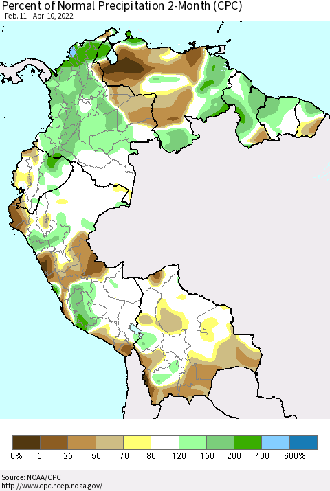 Northern South America Percent of Normal Precipitation 2-Month (CPC) Thematic Map For 2/11/2022 - 4/10/2022