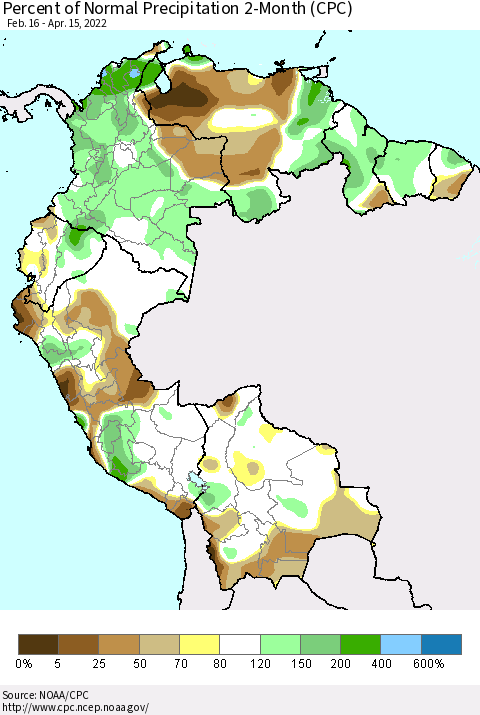 Northern South America Percent of Normal Precipitation 2-Month (CPC) Thematic Map For 2/16/2022 - 4/15/2022