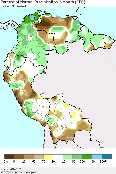 Northern South America Percent of Normal Precipitation 2-Month (CPC) Thematic Map For 2/21/2022 - 4/20/2022