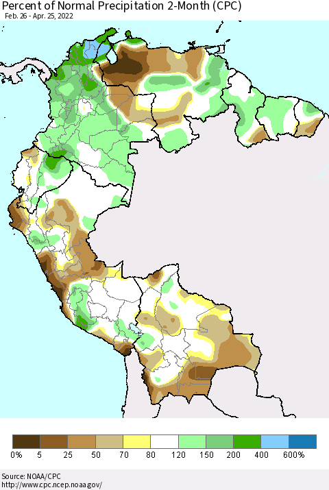 Northern South America Percent of Normal Precipitation 2-Month (CPC) Thematic Map For 2/26/2022 - 4/25/2022