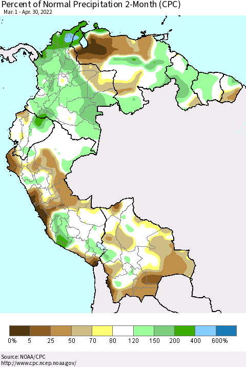 Northern South America Percent of Normal Precipitation 2-Month (CPC) Thematic Map For 3/1/2022 - 4/30/2022