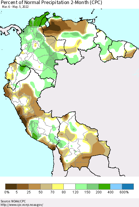 Northern South America Percent of Normal Precipitation 2-Month (CPC) Thematic Map For 3/6/2022 - 5/5/2022