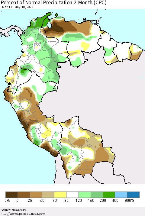 Northern South America Percent of Normal Precipitation 2-Month (CPC) Thematic Map For 3/11/2022 - 5/10/2022