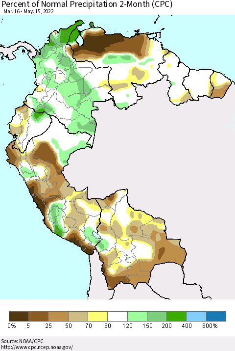 Northern South America Percent of Normal Precipitation 2-Month (CPC) Thematic Map For 3/16/2022 - 5/15/2022