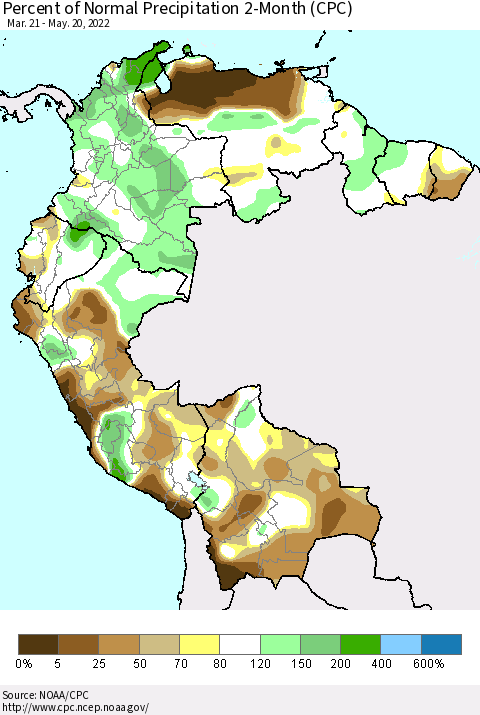 Northern South America Percent of Normal Precipitation 2-Month (CPC) Thematic Map For 3/21/2022 - 5/20/2022