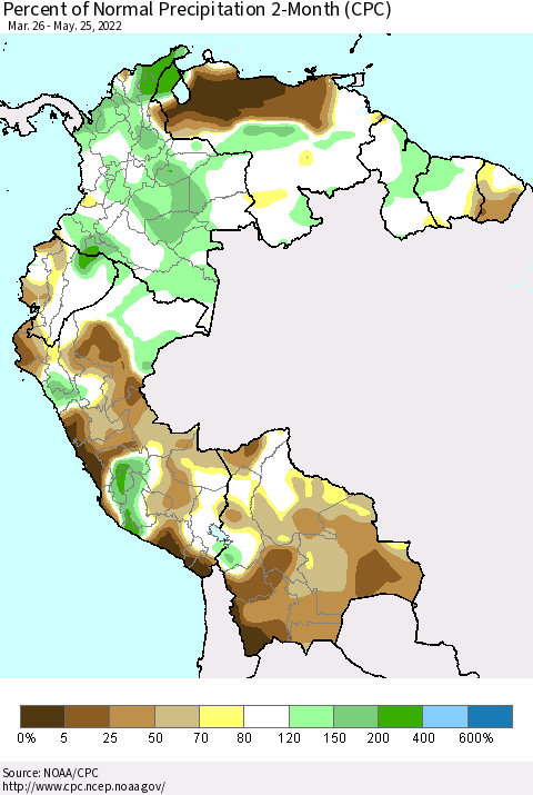 Northern South America Percent of Normal Precipitation 2-Month (CPC) Thematic Map For 3/26/2022 - 5/25/2022