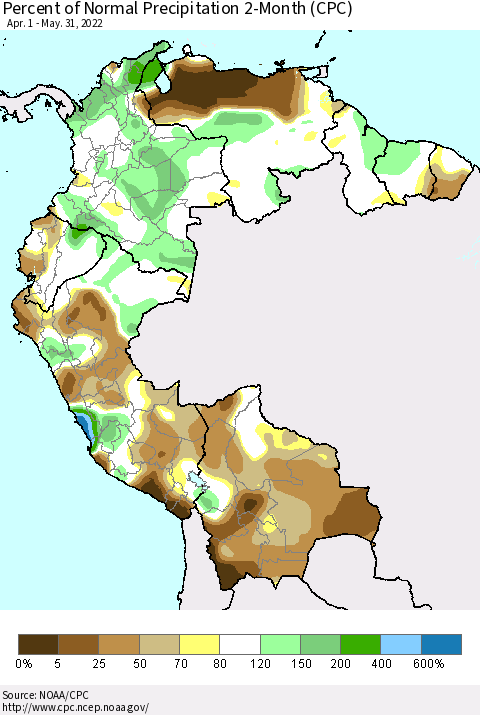 Northern South America Percent of Normal Precipitation 2-Month (CPC) Thematic Map For 4/1/2022 - 5/31/2022