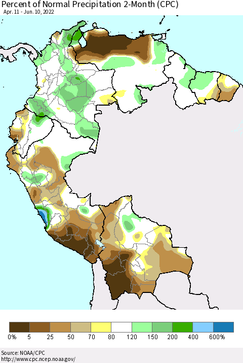 Northern South America Percent of Normal Precipitation 2-Month (CPC) Thematic Map For 4/11/2022 - 6/10/2022