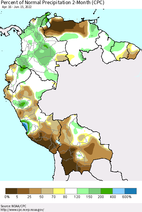 Northern South America Percent of Normal Precipitation 2-Month (CPC) Thematic Map For 4/16/2022 - 6/15/2022