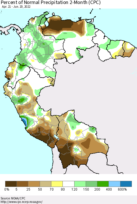 Northern South America Percent of Normal Precipitation 2-Month (CPC) Thematic Map For 4/21/2022 - 6/20/2022