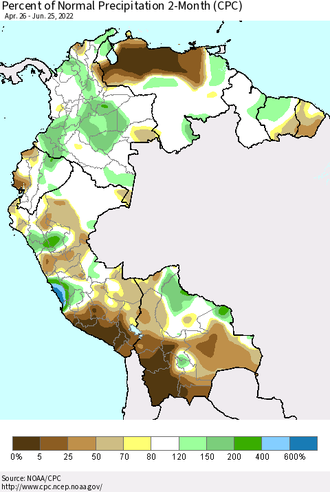 Northern South America Percent of Normal Precipitation 2-Month (CPC) Thematic Map For 4/26/2022 - 6/25/2022