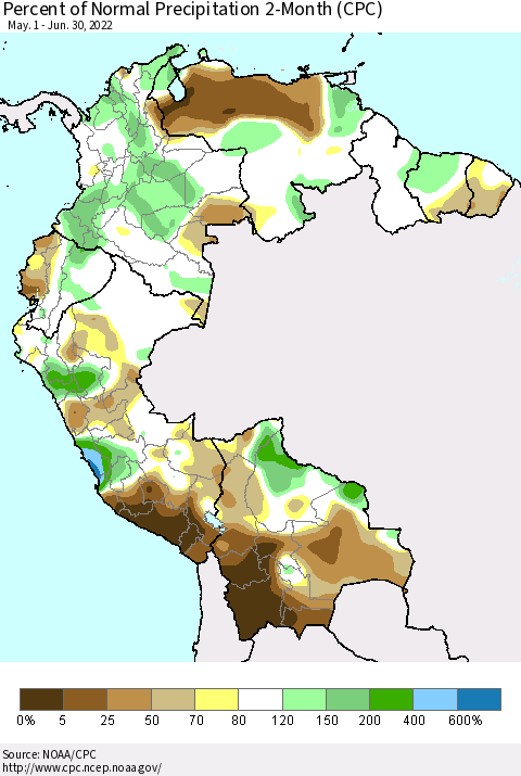Northern South America Percent of Normal Precipitation 2-Month (CPC) Thematic Map For 5/1/2022 - 6/30/2022