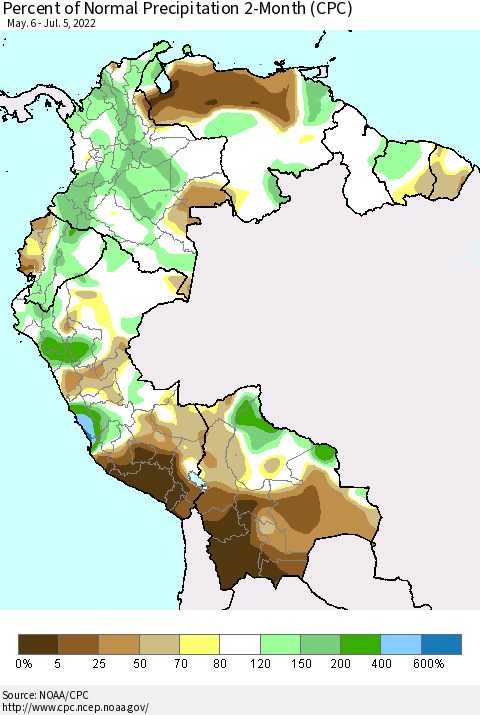 Northern South America Percent of Normal Precipitation 2-Month (CPC) Thematic Map For 5/6/2022 - 7/5/2022