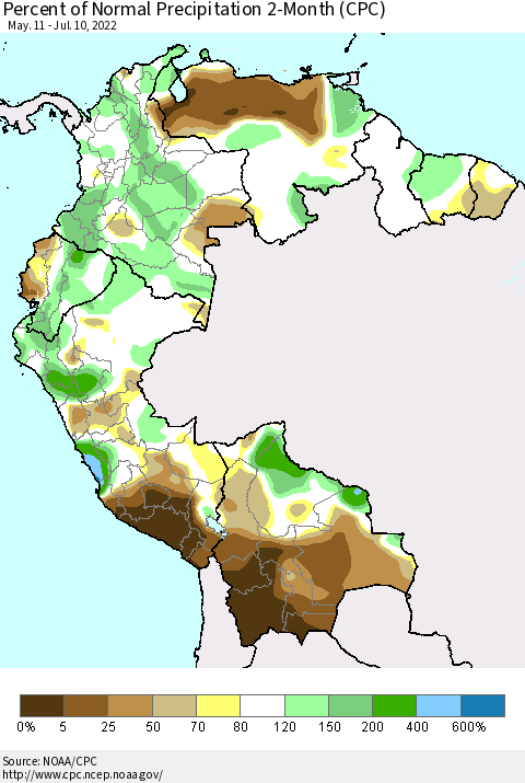 Northern South America Percent of Normal Precipitation 2-Month (CPC) Thematic Map For 5/11/2022 - 7/10/2022