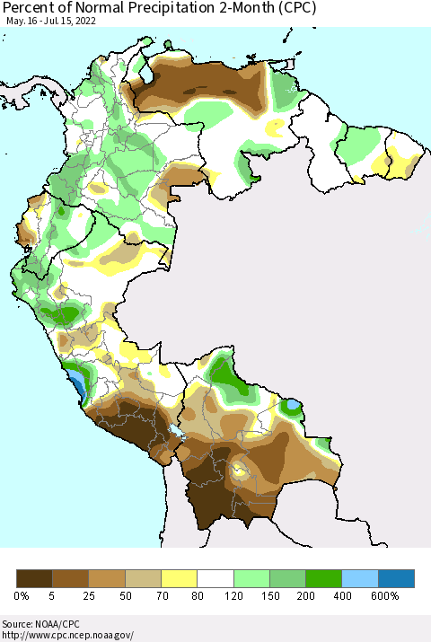 Northern South America Percent of Normal Precipitation 2-Month (CPC) Thematic Map For 5/16/2022 - 7/15/2022