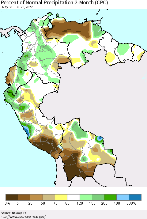Northern South America Percent of Normal Precipitation 2-Month (CPC) Thematic Map For 5/21/2022 - 7/20/2022