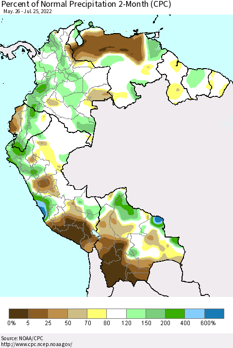 Northern South America Percent of Normal Precipitation 2-Month (CPC) Thematic Map For 5/26/2022 - 7/25/2022
