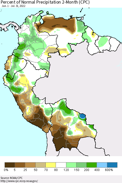Northern South America Percent of Normal Precipitation 2-Month (CPC) Thematic Map For 6/1/2022 - 7/31/2022